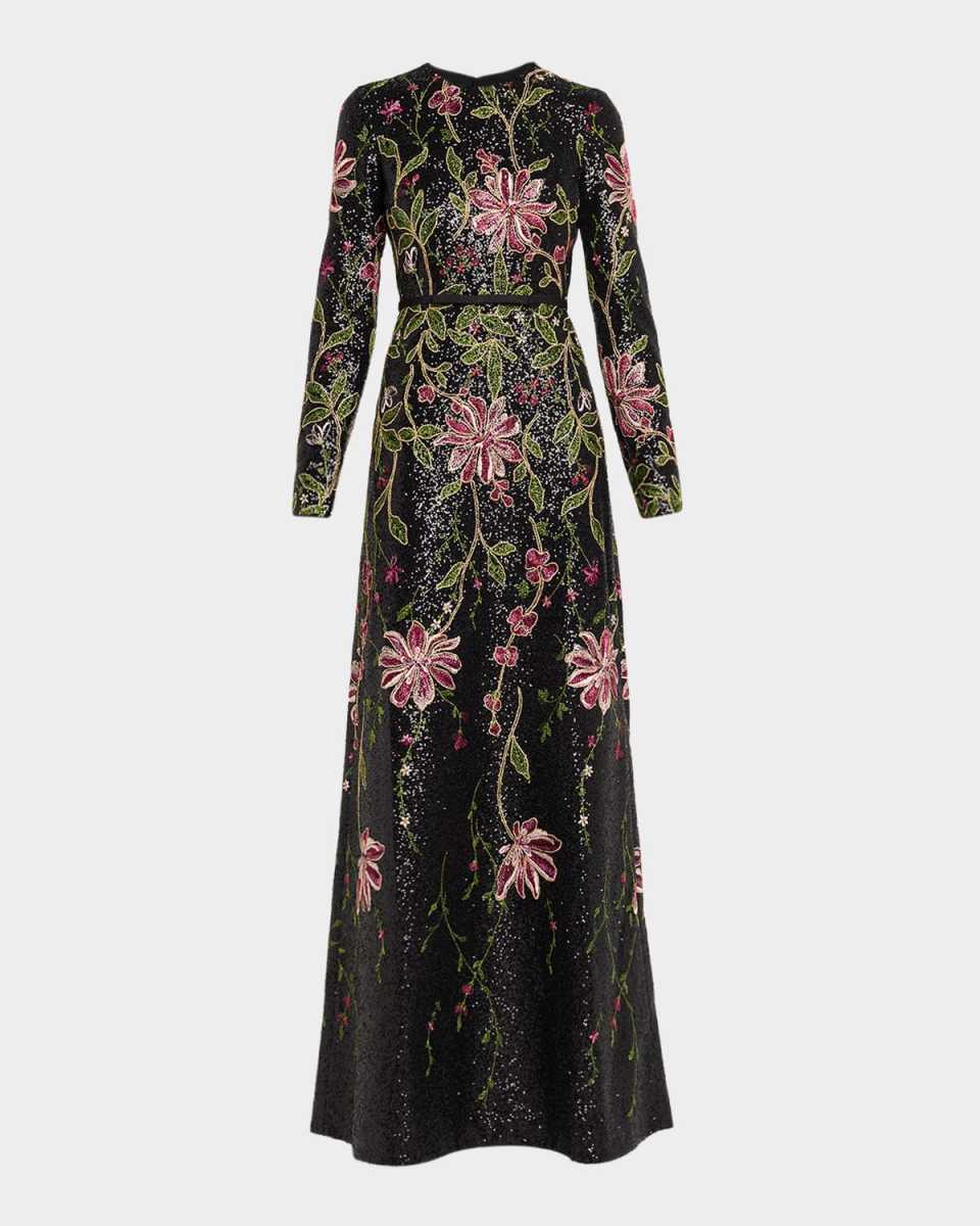 Floral Sequined Long-Sleeve A-Line Gown